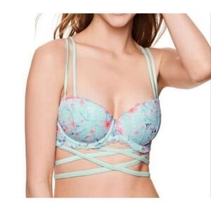 PINK Victoria’s Secret Date Push Up Blue Floral Lace Strappy Bra Size 36DD